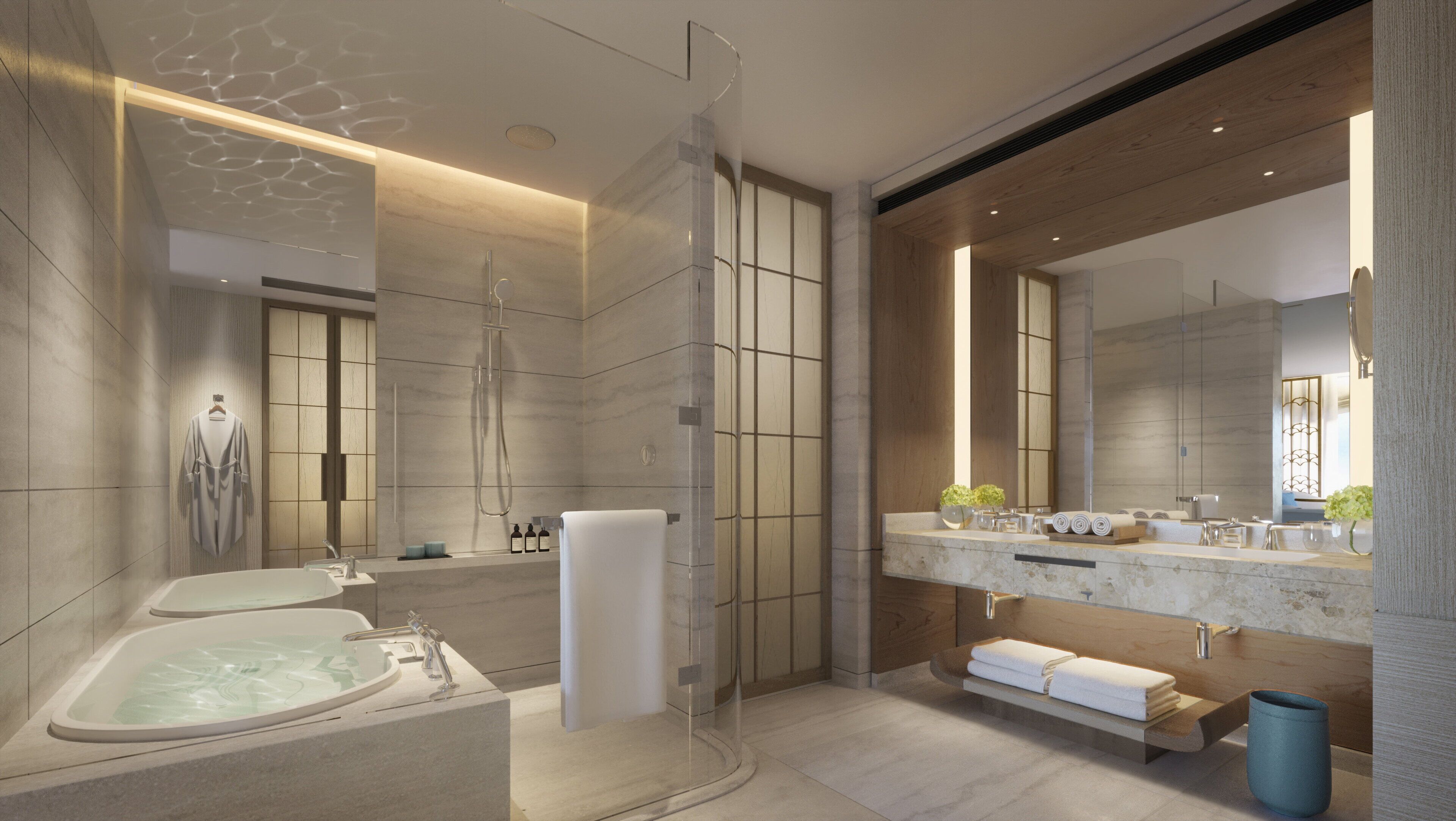 Separate bathtub and shower, deep-soaking bathtub, rainfall showerhead