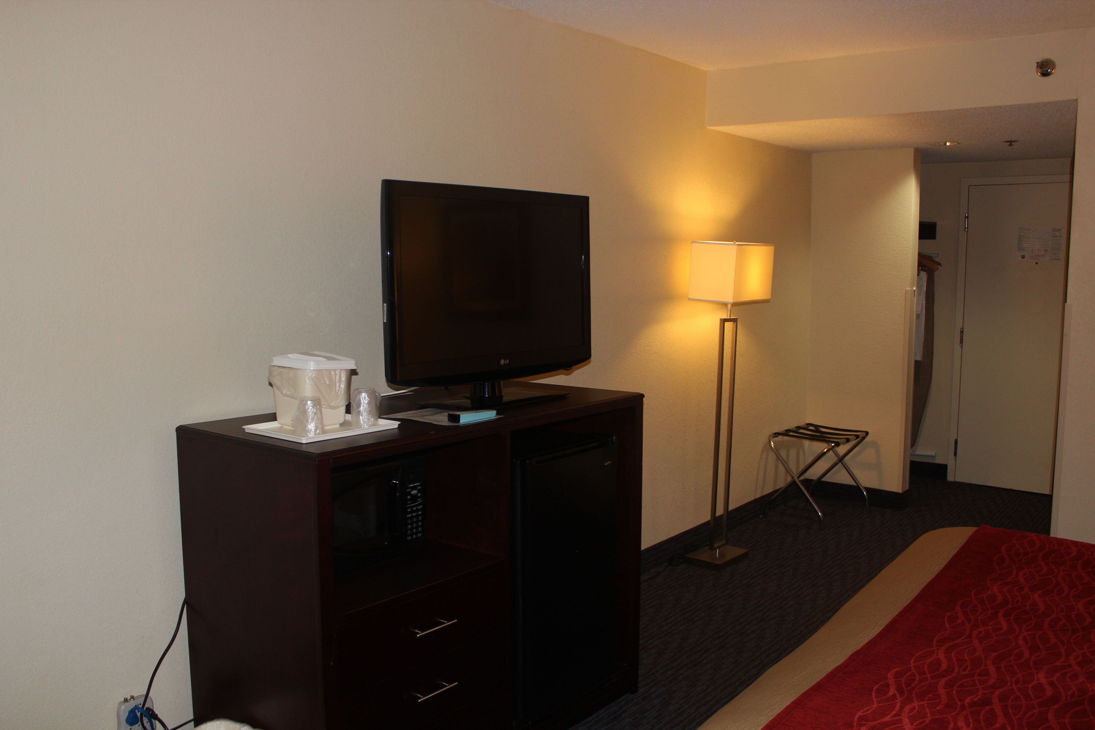 A hotel room with a TV on a cabinet, a lamp, a bed, and a door in the background.