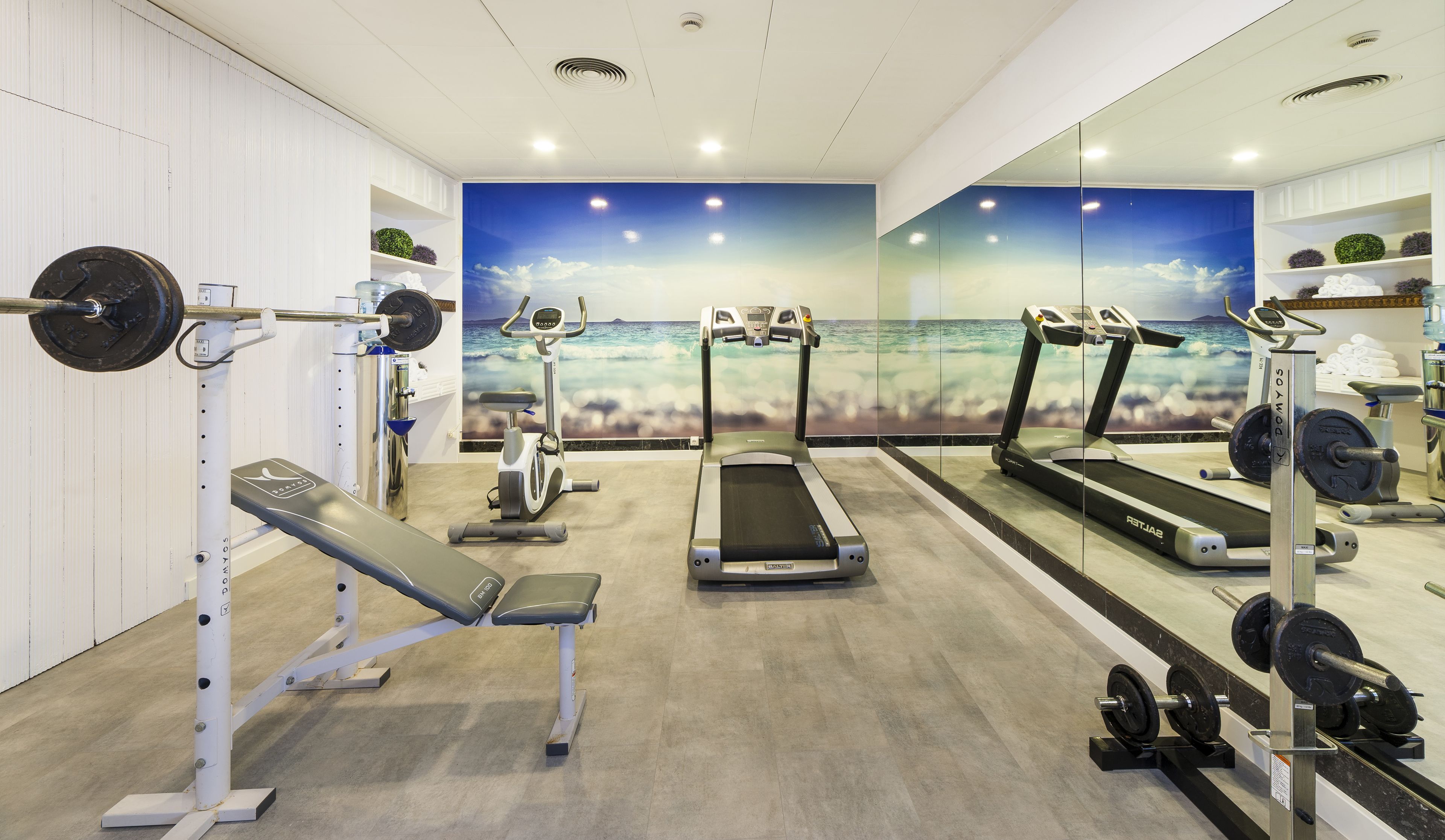 A gym with weight machines, treadmills, and a wall mural of a beach scene.