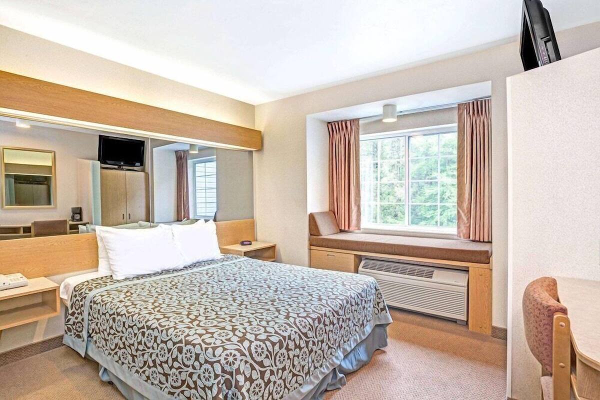Une chambre d’hôtel avec un grand lit, un bureau avec une chaise, une télévision, une fenêtre avec des rideaux et un radiateur intégré.