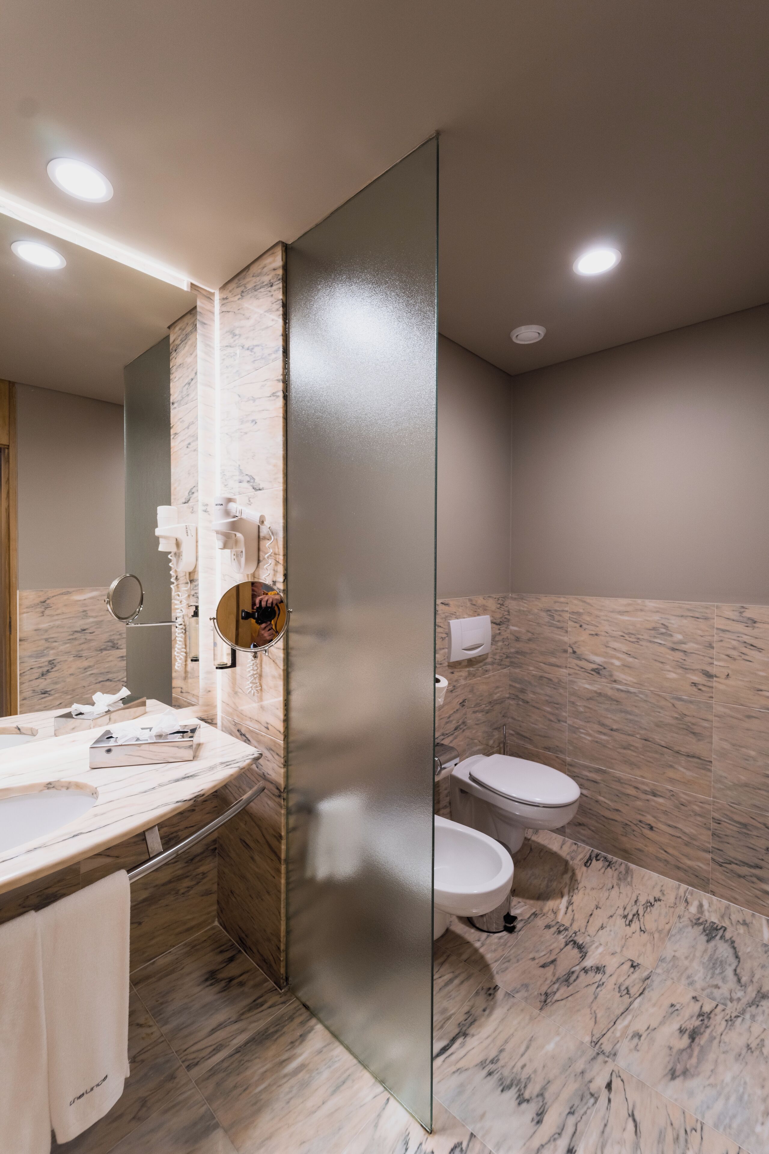 hair dryer, bidet, towels