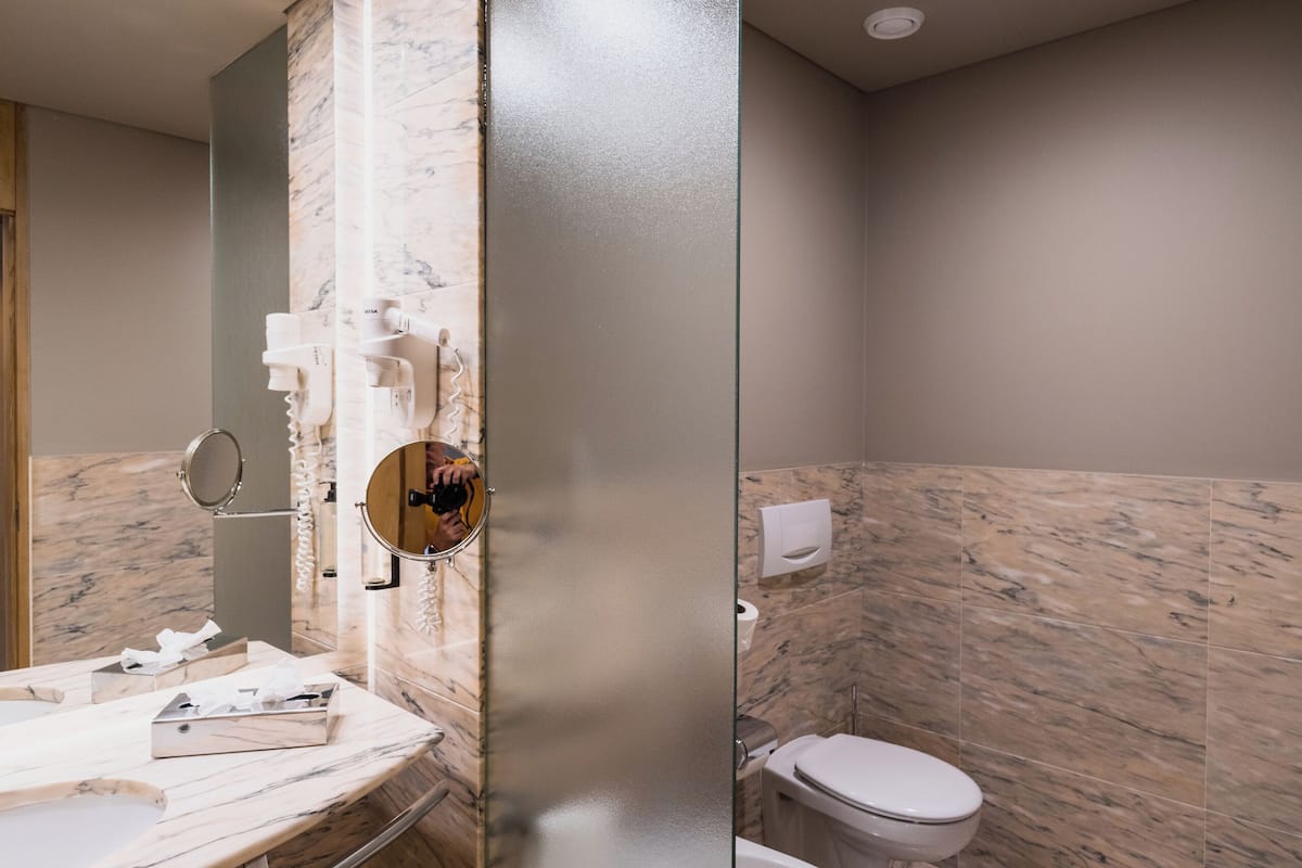 hair dryer, bidet, towels