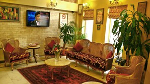 A traditional living room with a sofa, chairs, a television, and decorative plants. - Divas Hotel (Istanbul)