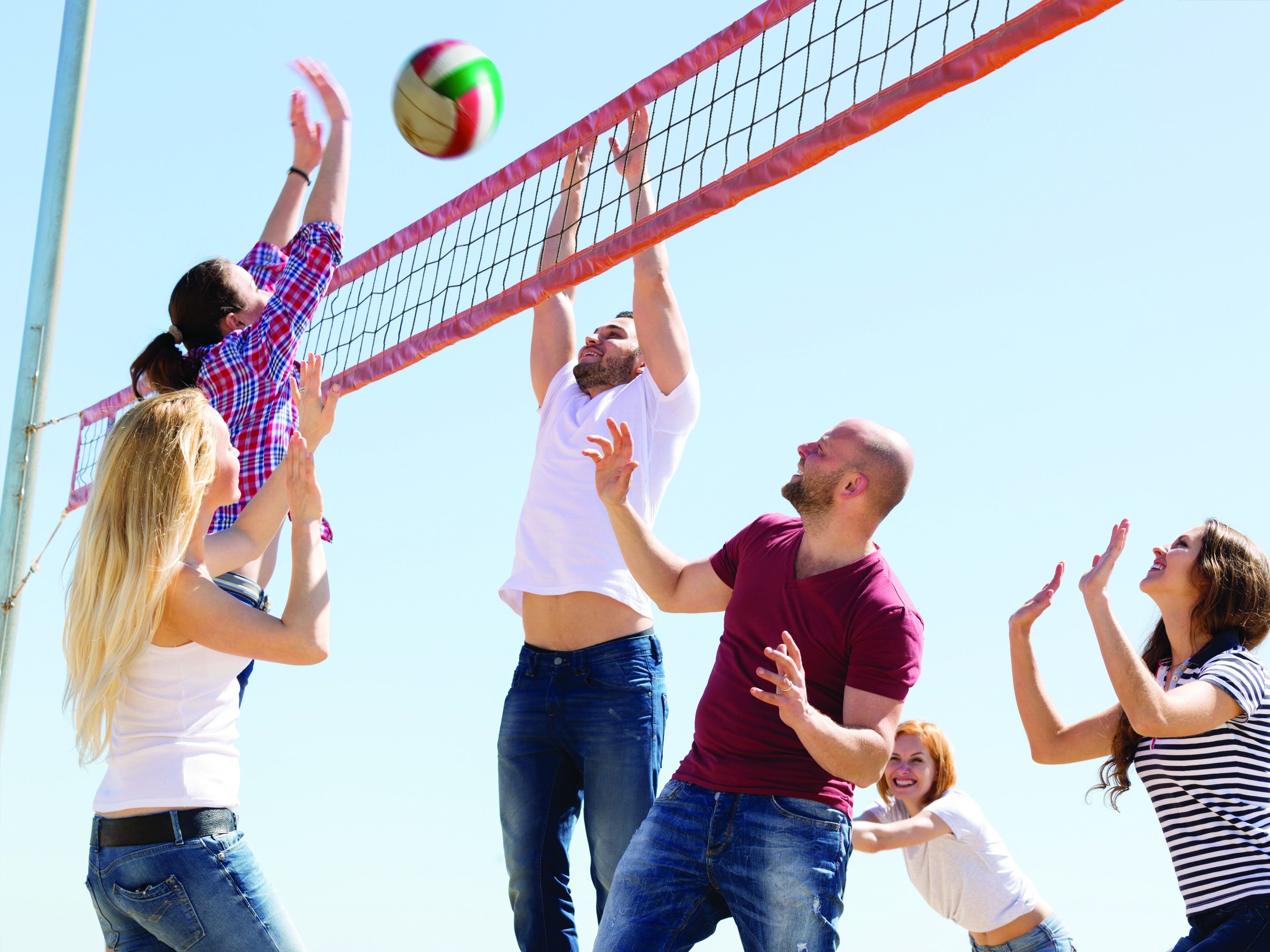private beach, beach umbrellas, beach volleyball
