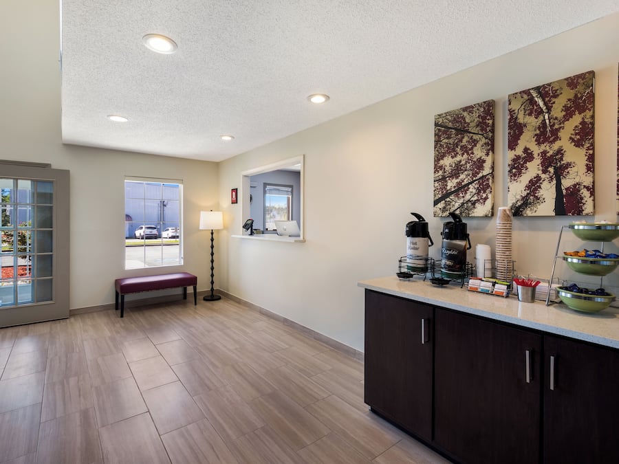 A modern kitchen with a bench, a coffee maker, and a view of the outside.
