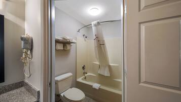 A bathroom with a toilet, a sink, a shower, and a hairdryer.
