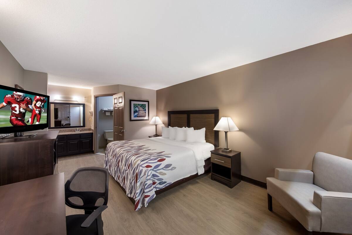 Quarto de hotel com cama, escrivaninha, televisão, cadeira e sofá.