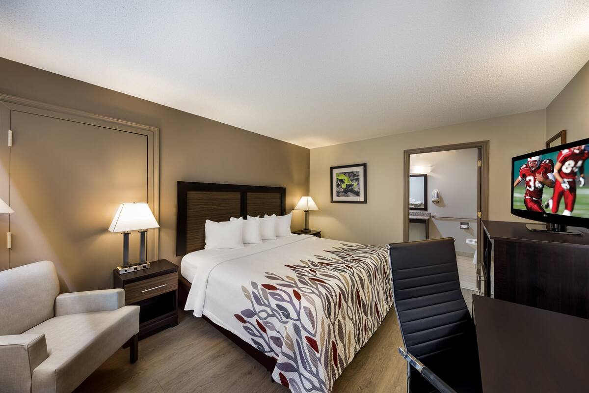 Quarto de hotel com cama, escrivaninha, cadeira, televisão e luminária.