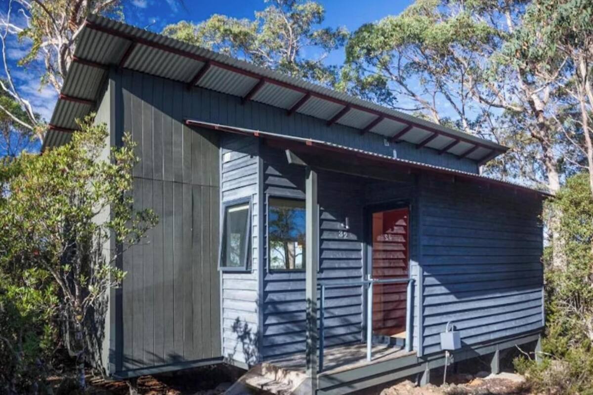 Eine kleine, einstöckige Holzhütte mit Metalldach und Holztür, umgeben von Bäumen.
