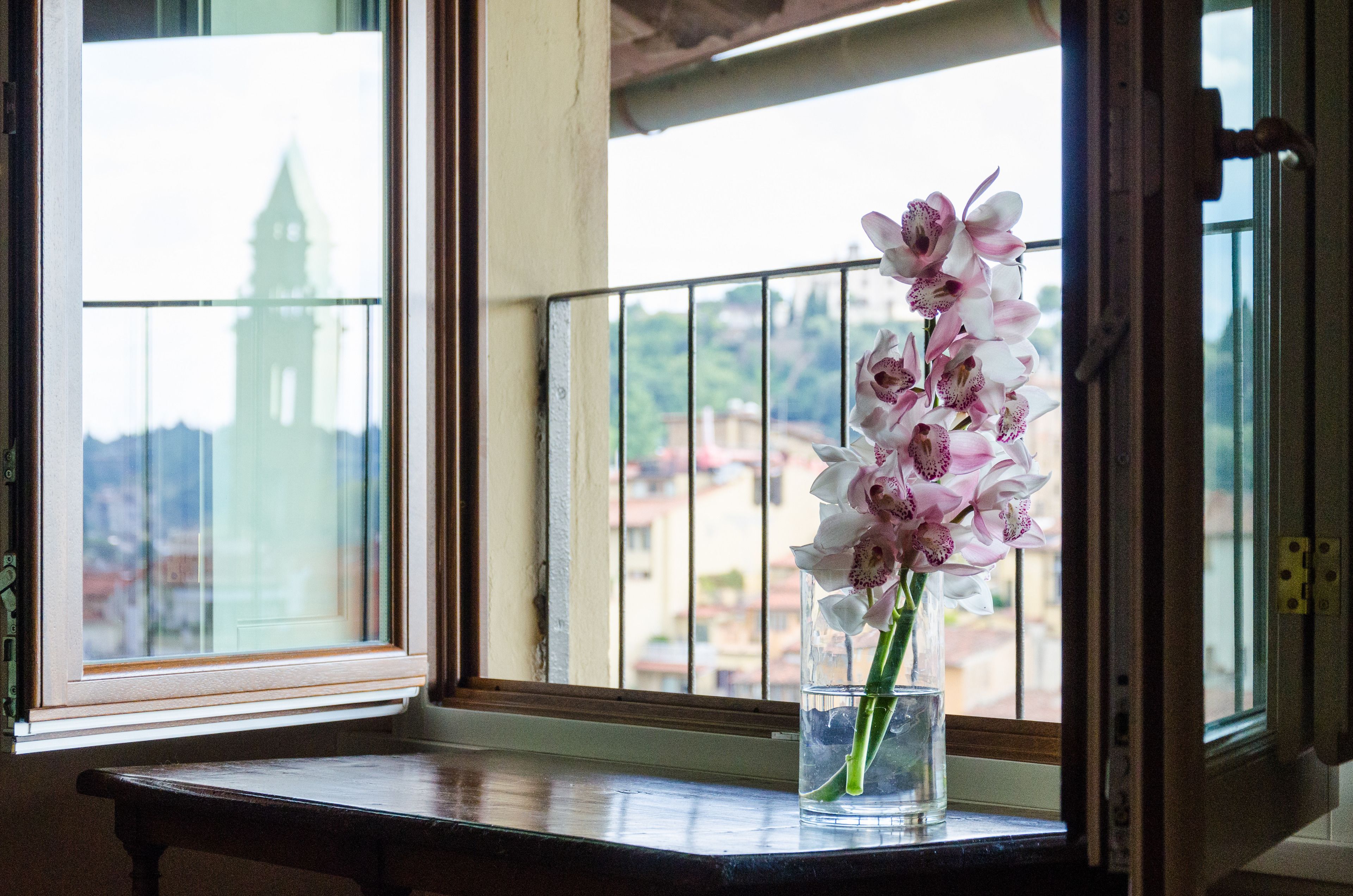 Una ventana con vistas a un edificio y un florero con flores en el alféizar.