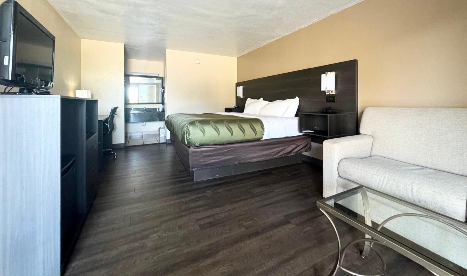 Een hotelkamer met een bed, een bank, een televisie, een bureau en een kitchenette.