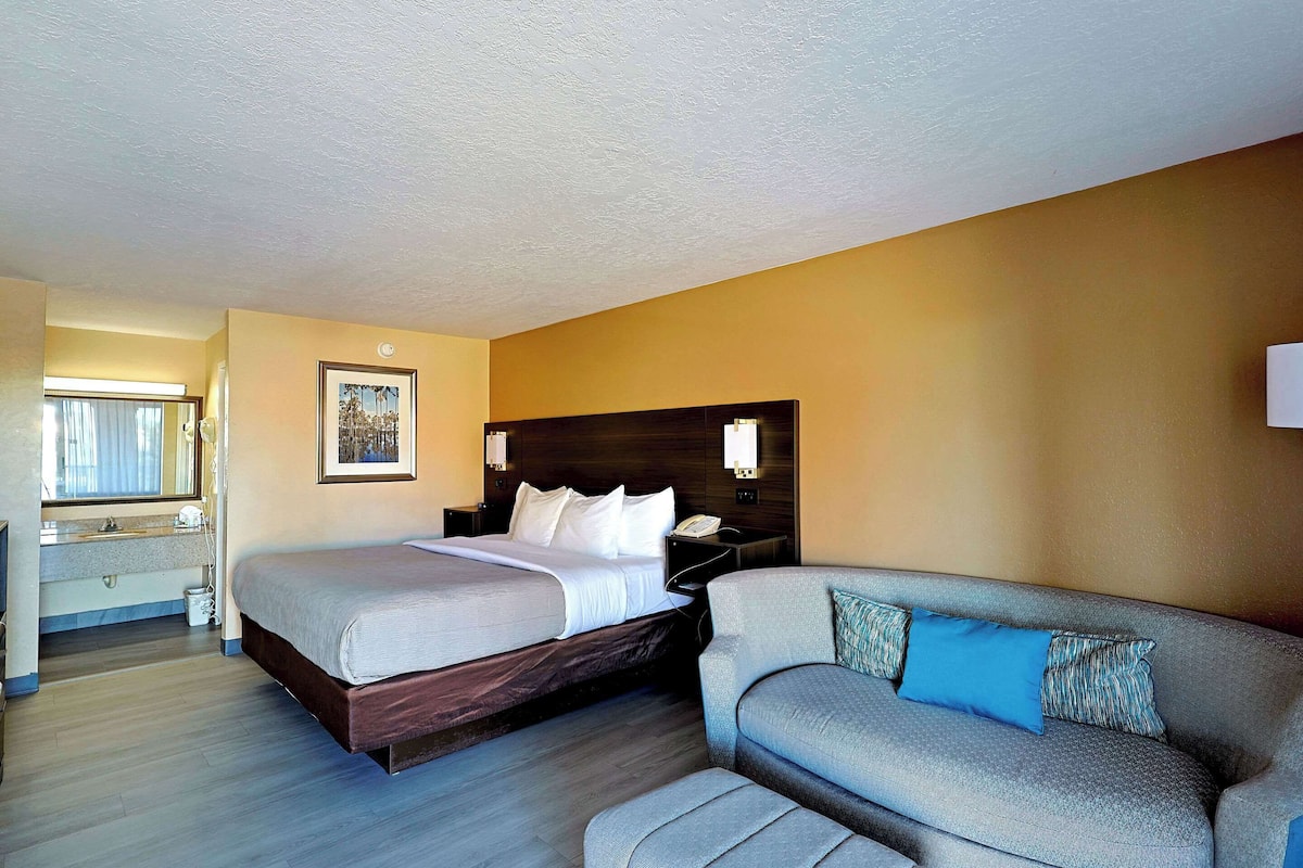 A hotel room with a bed, a sofa, a nightstand, a mirror, and a window.