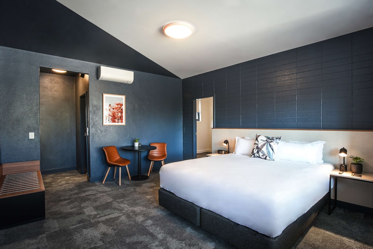 Une chambre d’hôtel moderne avec un grand lit, un bureau avec deux chaises, une petite table avec une plante et un climatiseur fixé au mur.