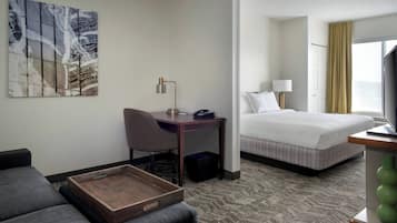 1 bedroom, desk, blackout curtains, iron/ironing board
