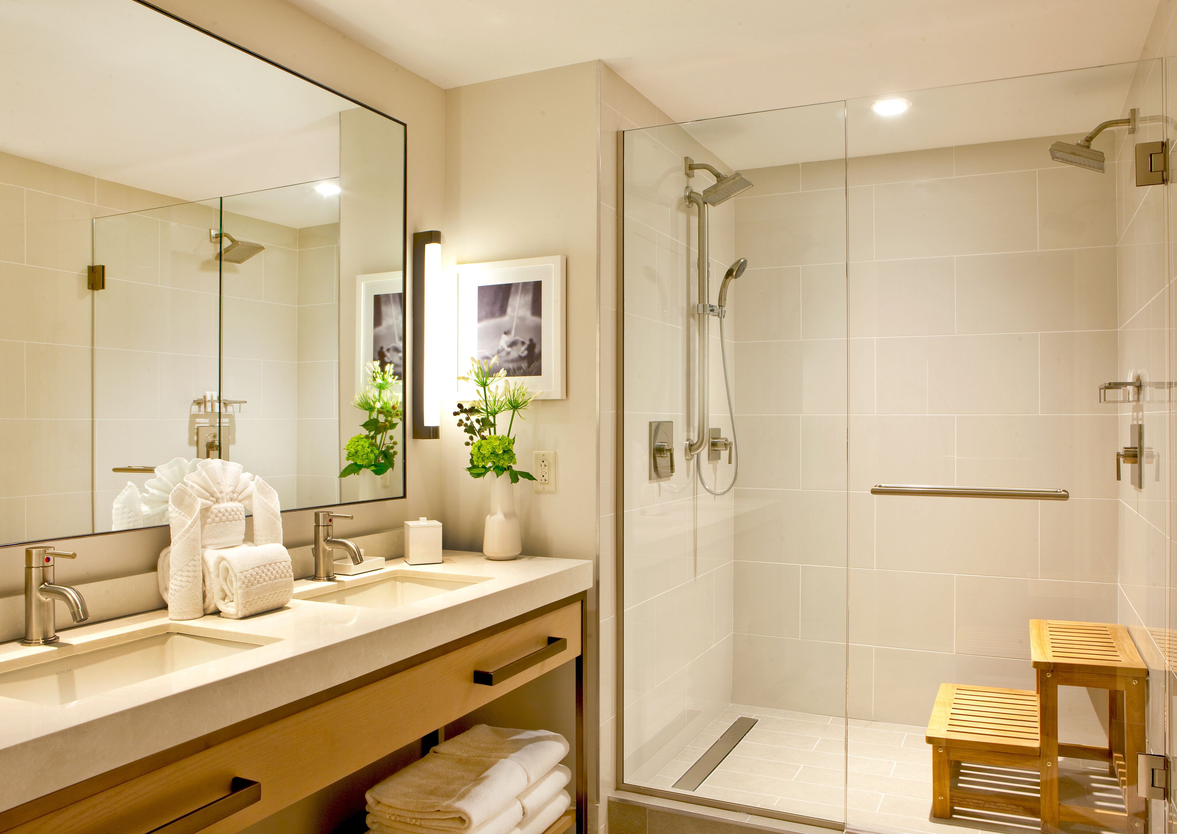 designer toiletries, hair dryer, bathrobes, towels