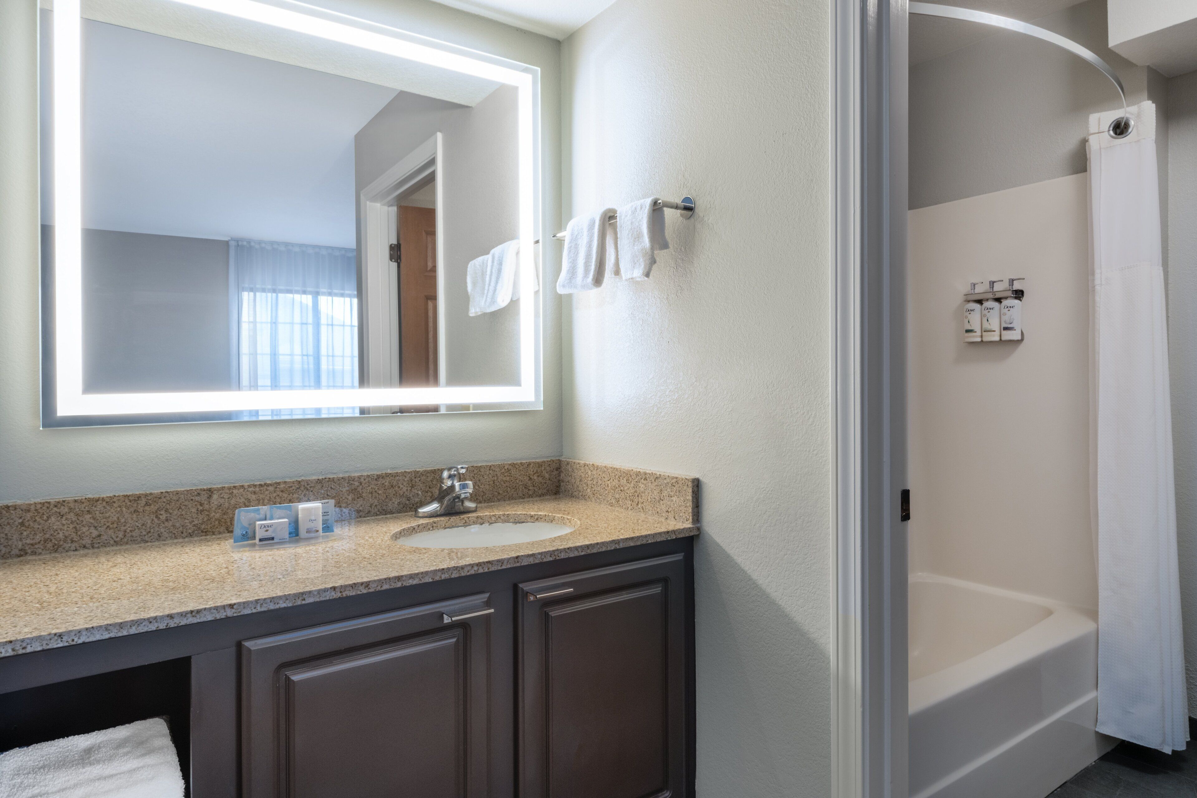 combined shower/bathtub, free toiletries, hair dryer, towels