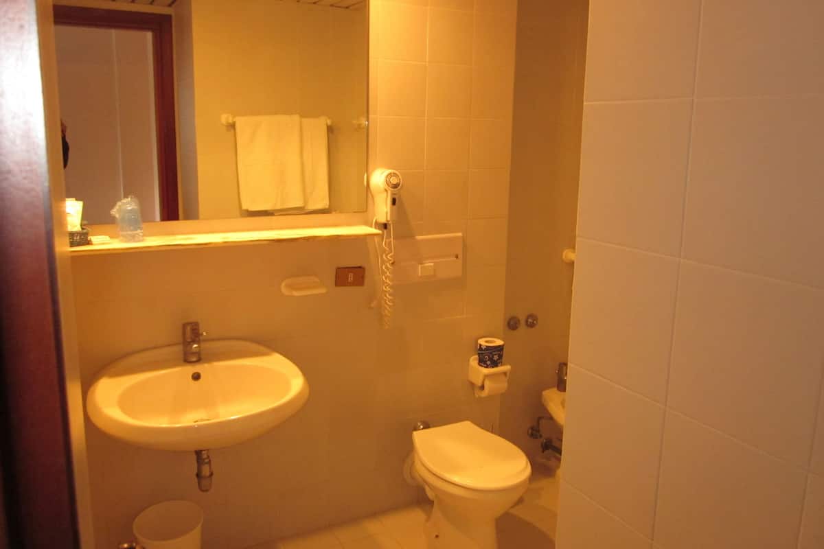 Une salle de bain équipée d’un lavabo, de toilettes et d’un sèche-mains.