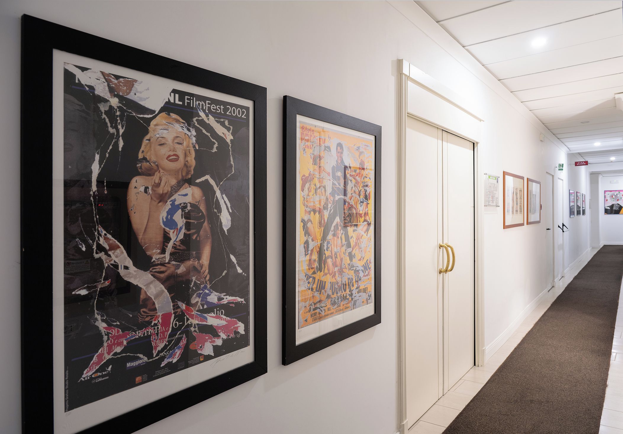 A hallway with framed artworks on the walls and a door with a golden handle.