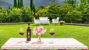 A table with a bottle of Brunello di Montalcino wine, two wine glasses, and a vase of pink flowers on a grassy lawn with a view of mountains and trees. - Hotel Villa Rinascimento (Lucca)