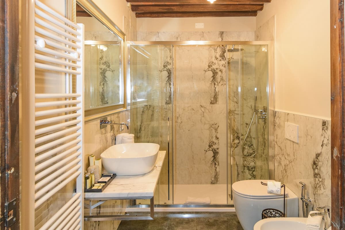 shower, free toiletries, hair dryer, towels