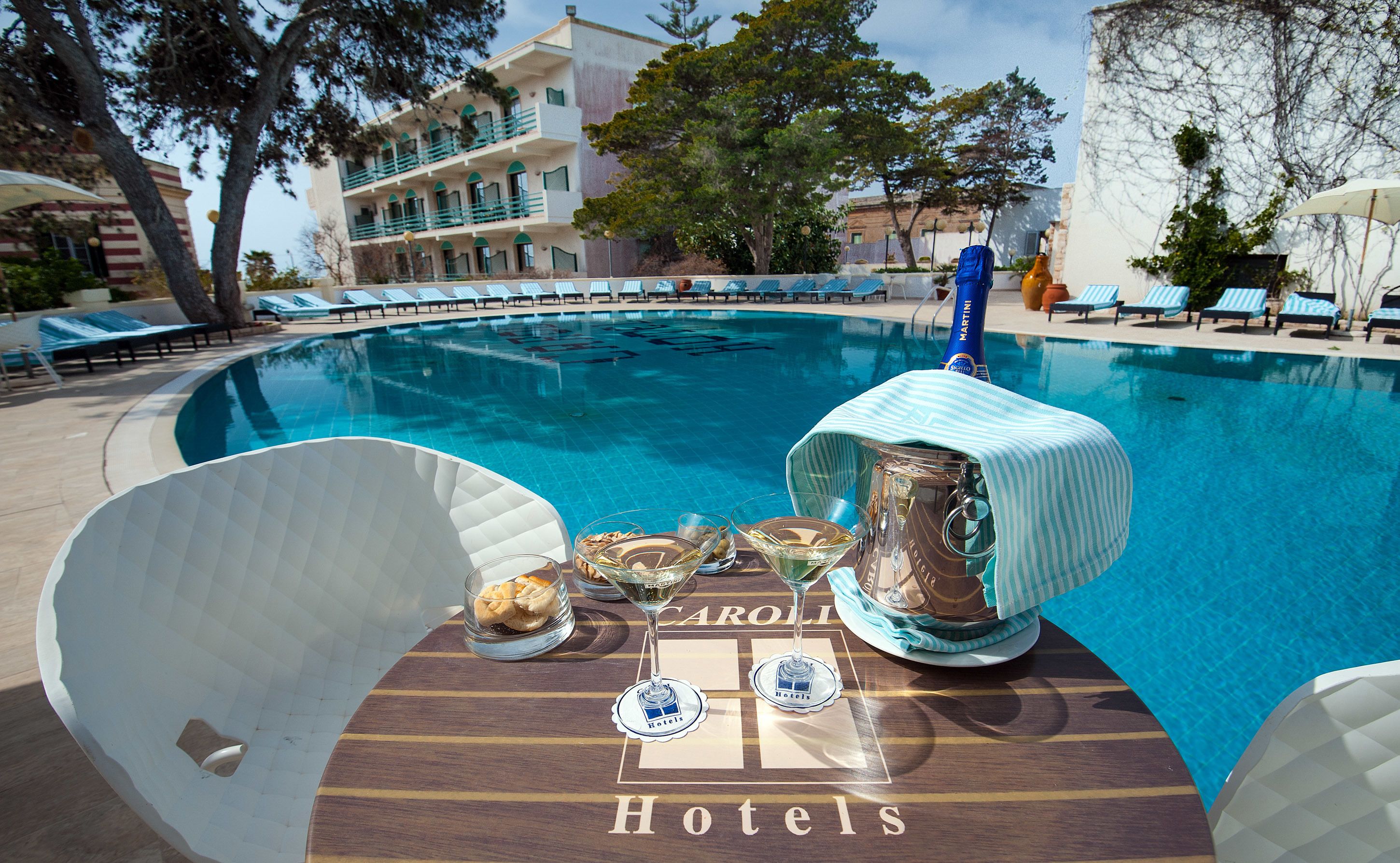 Uma mesa à beira da piscina com um copo de martini, duas tigelas e uma garrafa de champanhe. A mesa tem a inscrição 'CAROLI Hotels'.