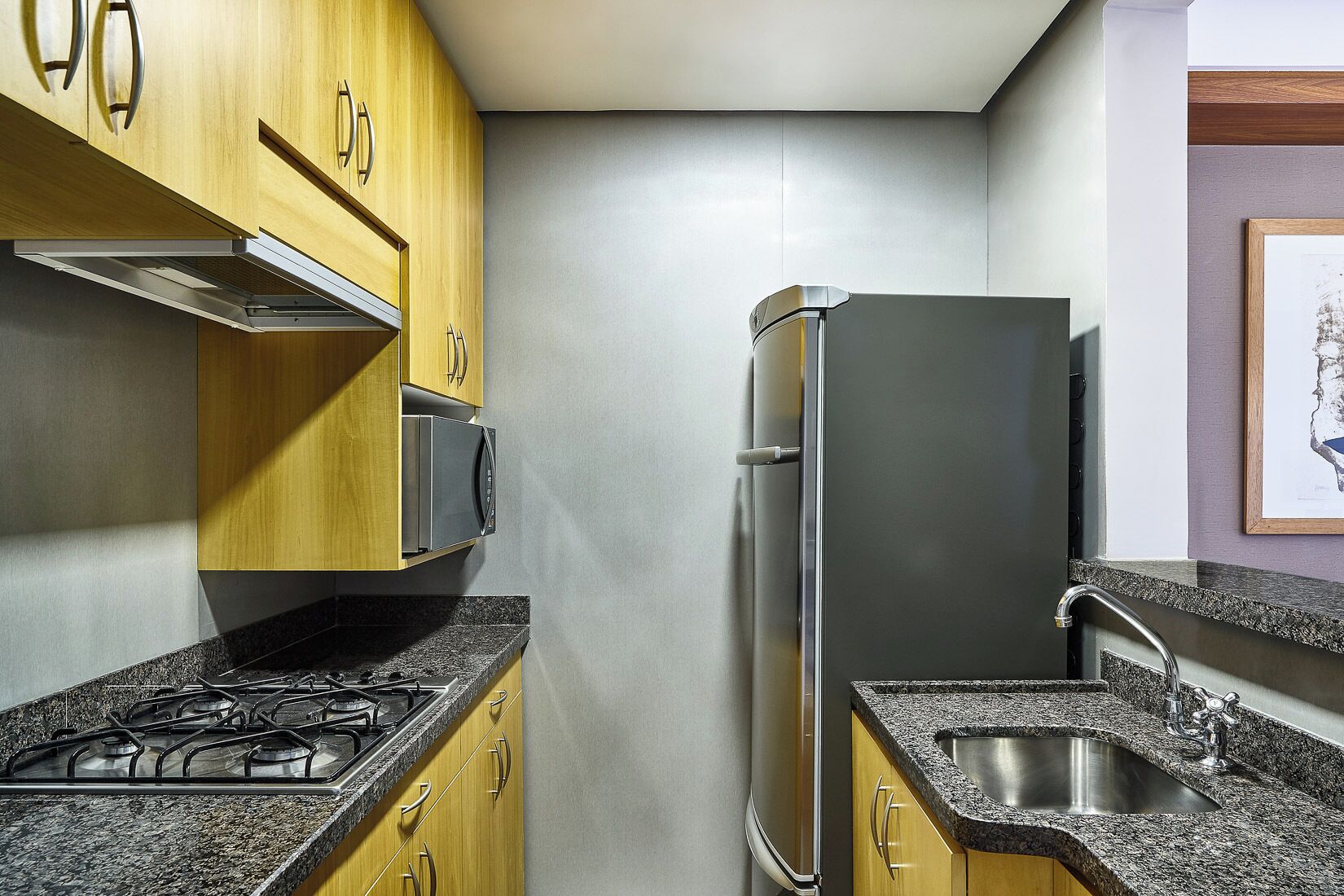 fridge, microwave, stovetop, cookware/dishes/utensils