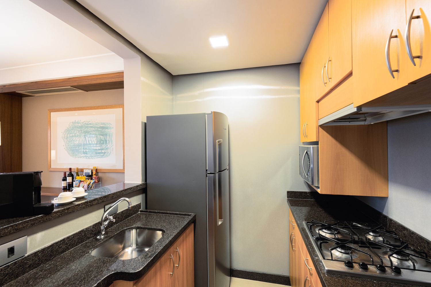 Cocina compacta con refrigerador, microondas y estufa a gas.