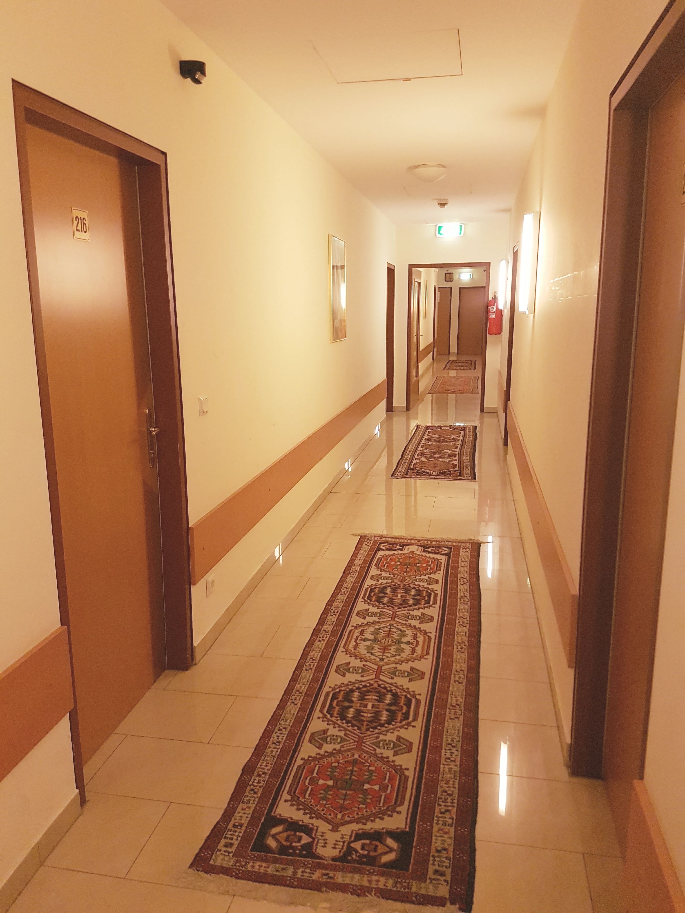 Ein Hotelgang mit Teppichboden, Holztüren und einer Leuchte an der Decke.