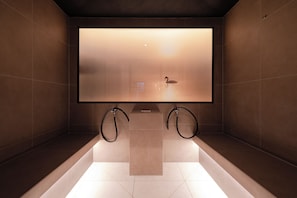A modern bathroom with a large mirror, two black showerheads, and a view of a swan on a body of water.
