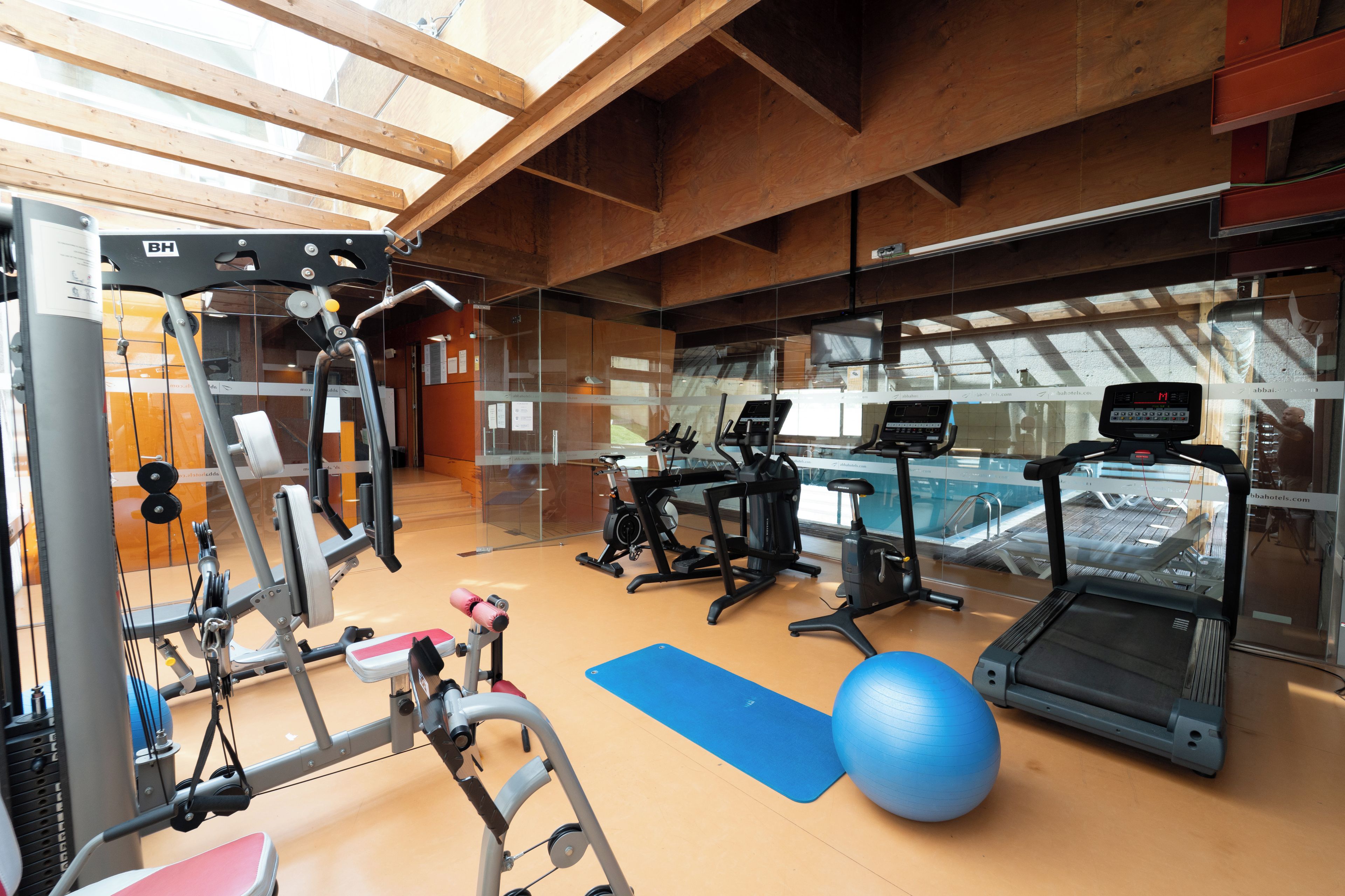 A gym with exercise equipment, a treadmill, and a blue exercise ball.