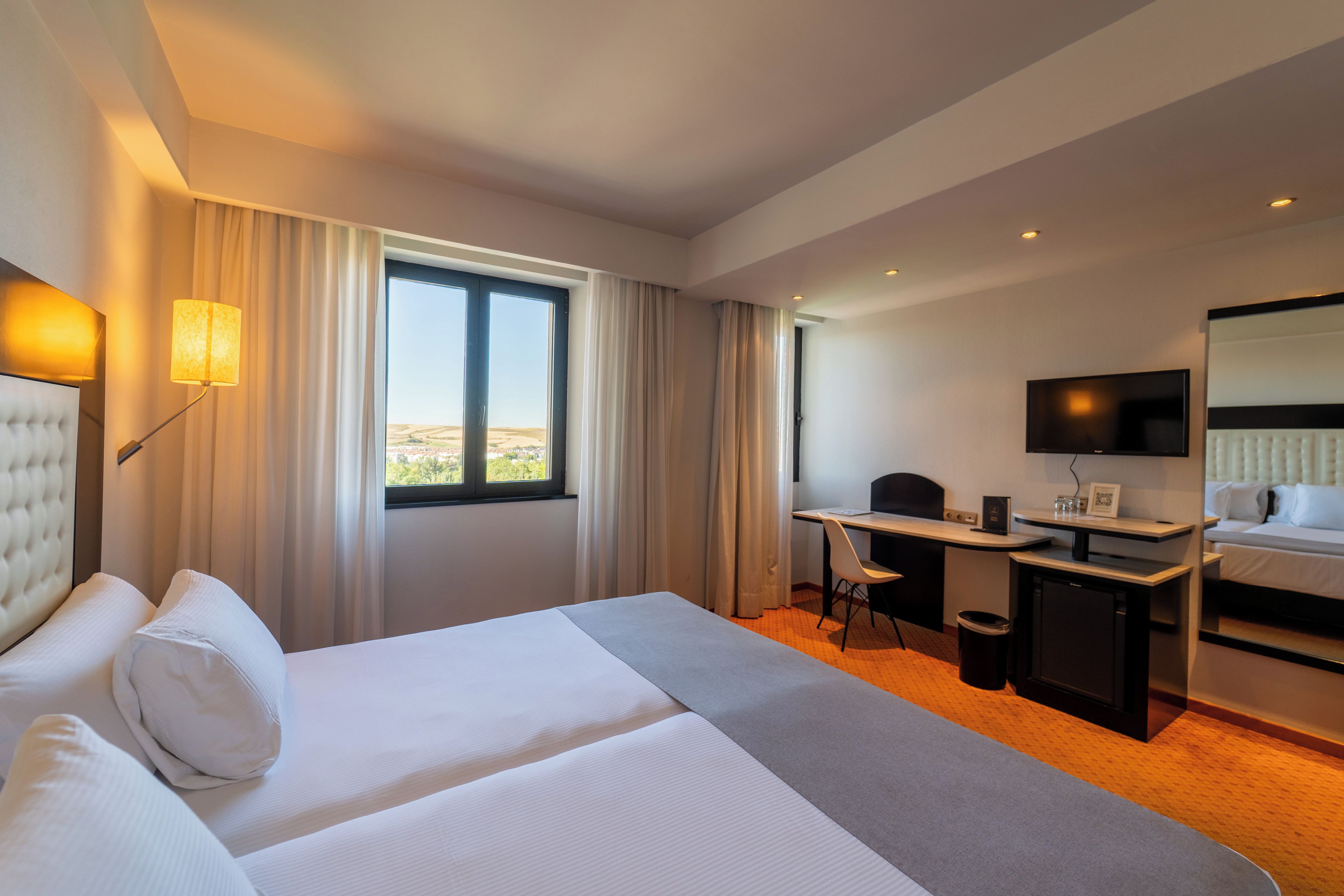 A hotel room with a bed, a desk, a chair, a television, and a view of the landscape.