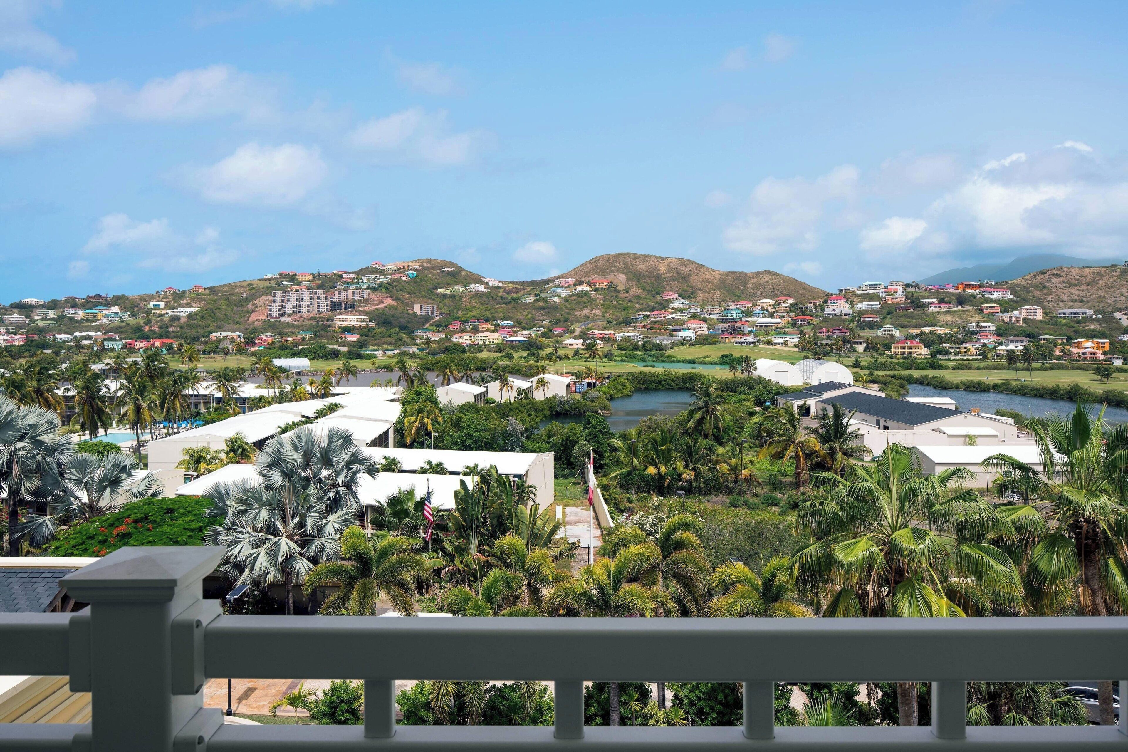 Un resort con varias edificaciones, palmeras y una masa de agua.