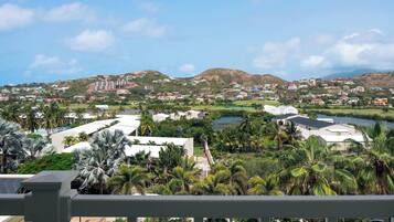 Un resort con varias edificaciones, palmeras y una masa de agua.