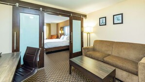 A hotel room with a bed, a sofa, a desk, and a chair.
