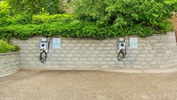 Deux bornes de recharge pour véhicules électriques, fixées à un mur en pierre, avec un jardin en arrière-plan.