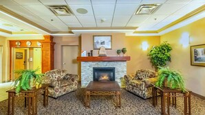 A lobby with a fireplace, patterned carpet, and two armchairs with plants.