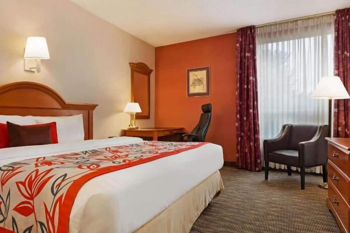 Habitación de hotel con cama, escritorio, silla, televisor y ventana con cortinas.