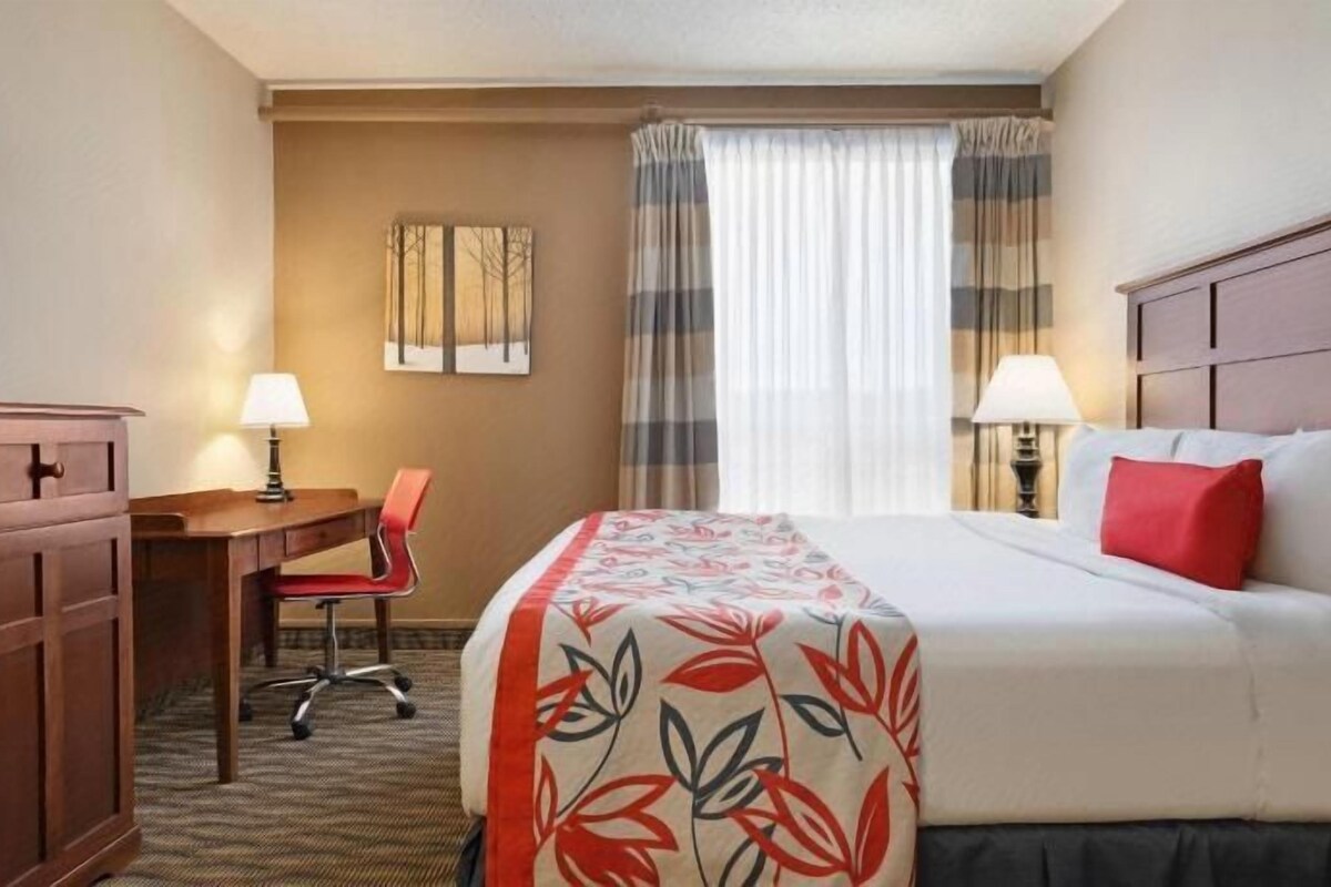 Una habitación de hotel con cama, escritorio, silla y televisor.