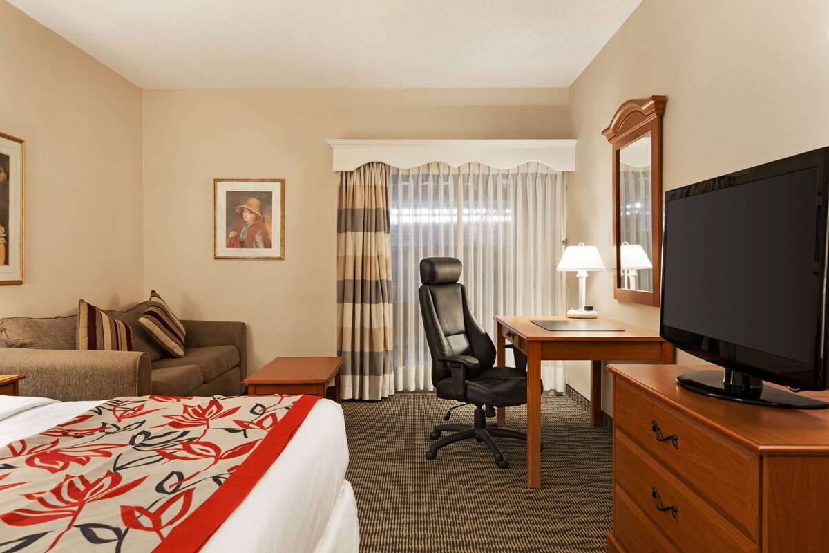 Habitación de hotel con cama, escritorio, silla, televisor, lámpara, espejo y un cuadro en la pared.