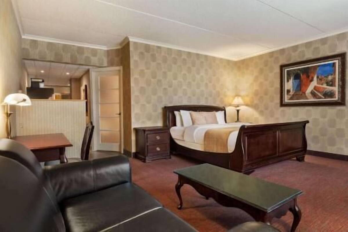 Habitación de hotel con cama, escritorio, silla, sofá y un cuadro en la pared.