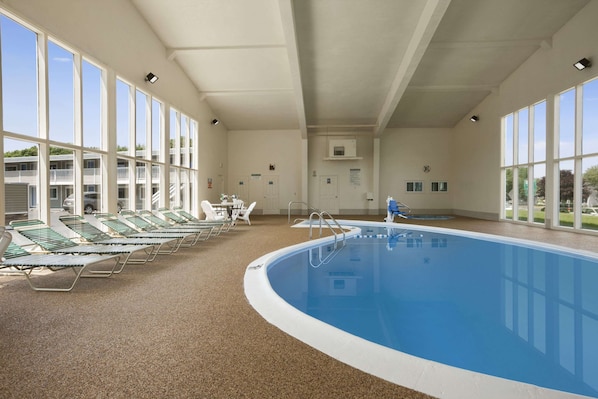 Indoor pool, open 9:00 AM to 9:00 PM, sun loungers