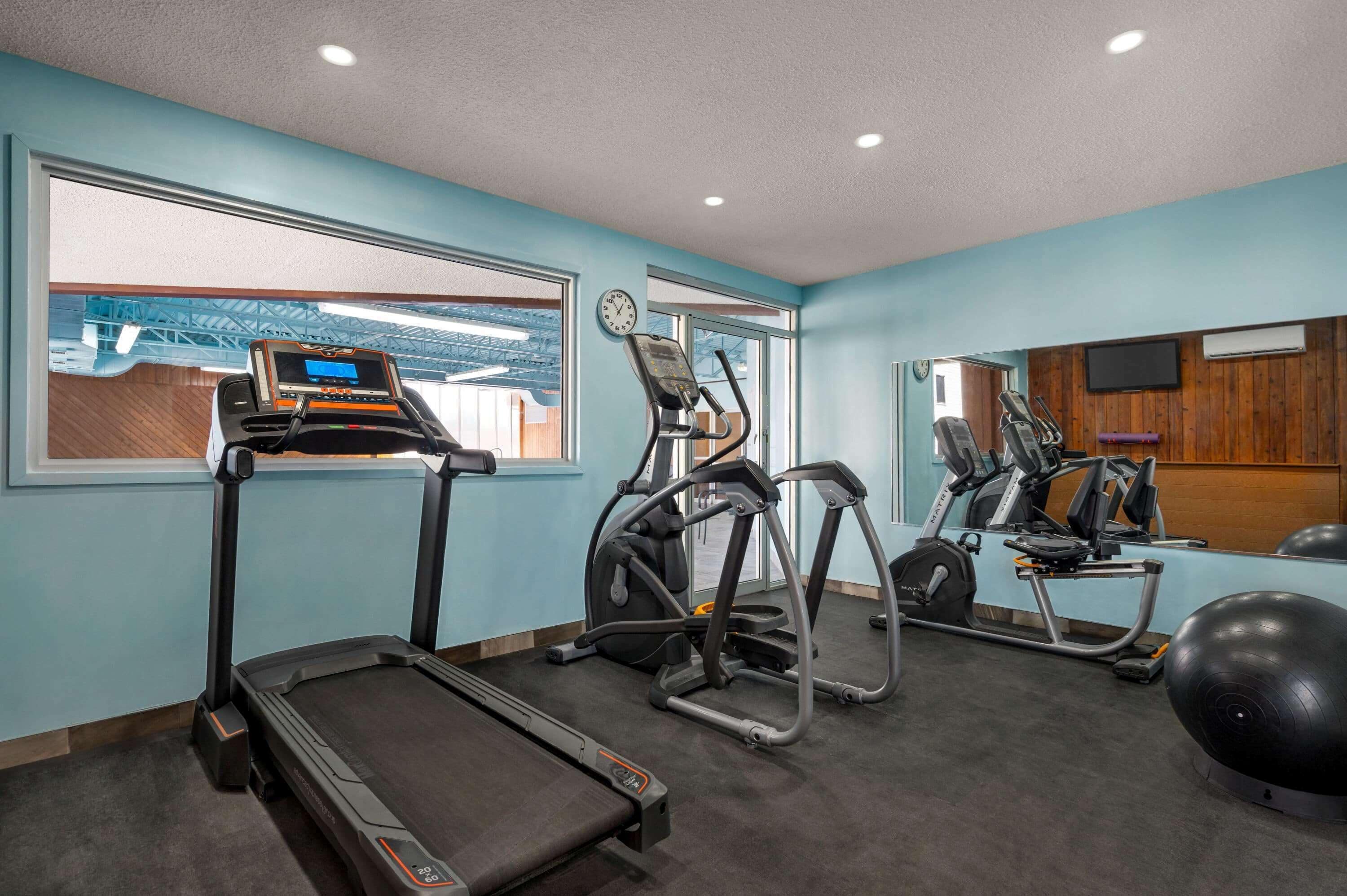 Un gimnasio con cintas de correr, elípticas y pelotas de ejercicio.