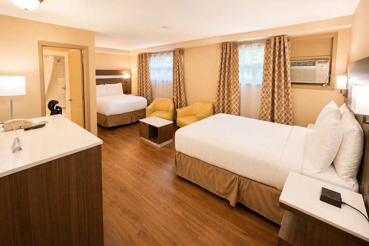 Une chambre d’hôtel avec deux lits, un bureau, une chaise et une table de chevet équipée d’un téléphone et d’une prise électrique.