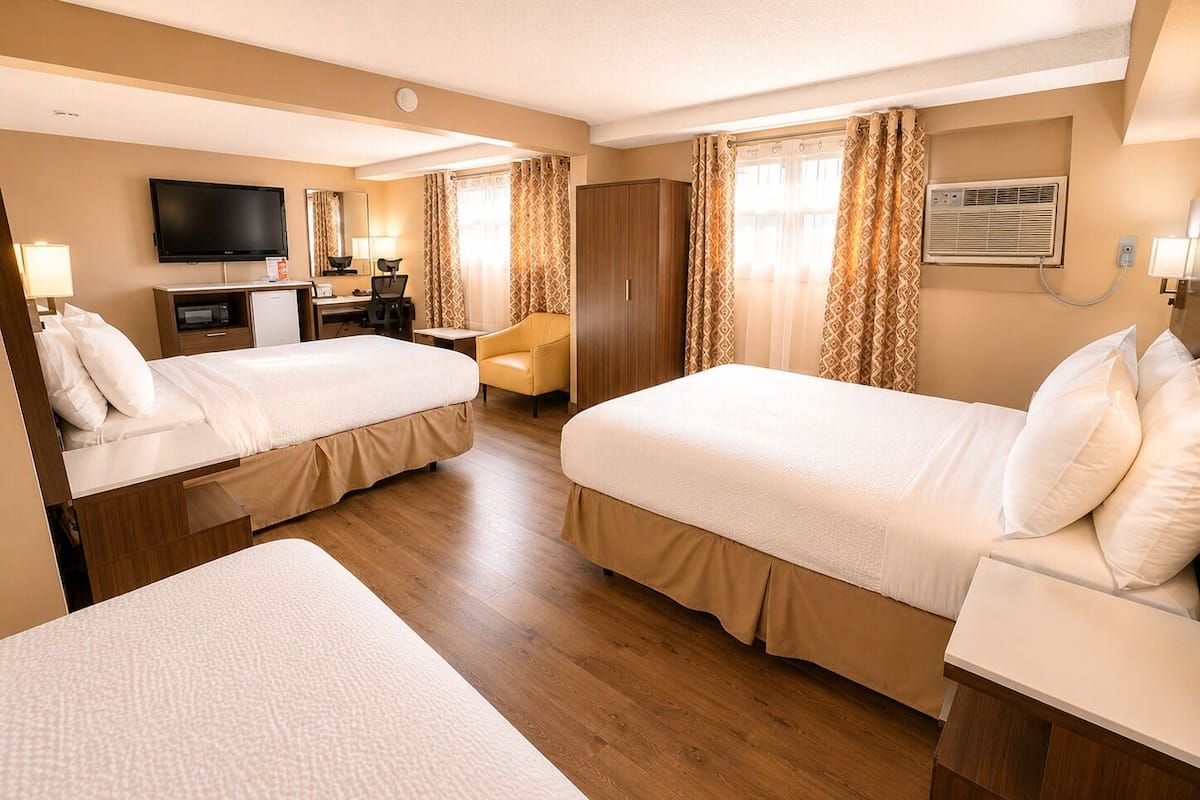 Une chambre d’hôtel avec deux lits, un bureau, une chaise, une télévision et une fenêtre avec des rideaux.