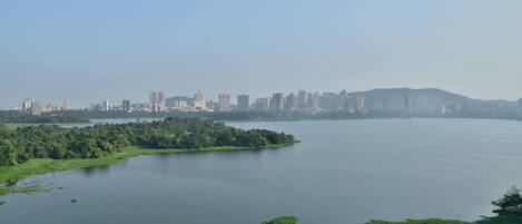 A panoramic view of a city skyline across a calm lake with a small island in the foreground.