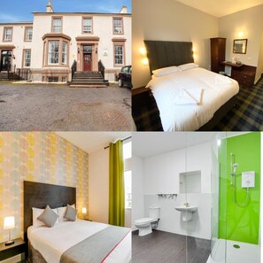 Exterior de un hotel con fachada tradicional, dormitorio moderno con una cama grande y baño contemporáneo con una pared de acento verde.
