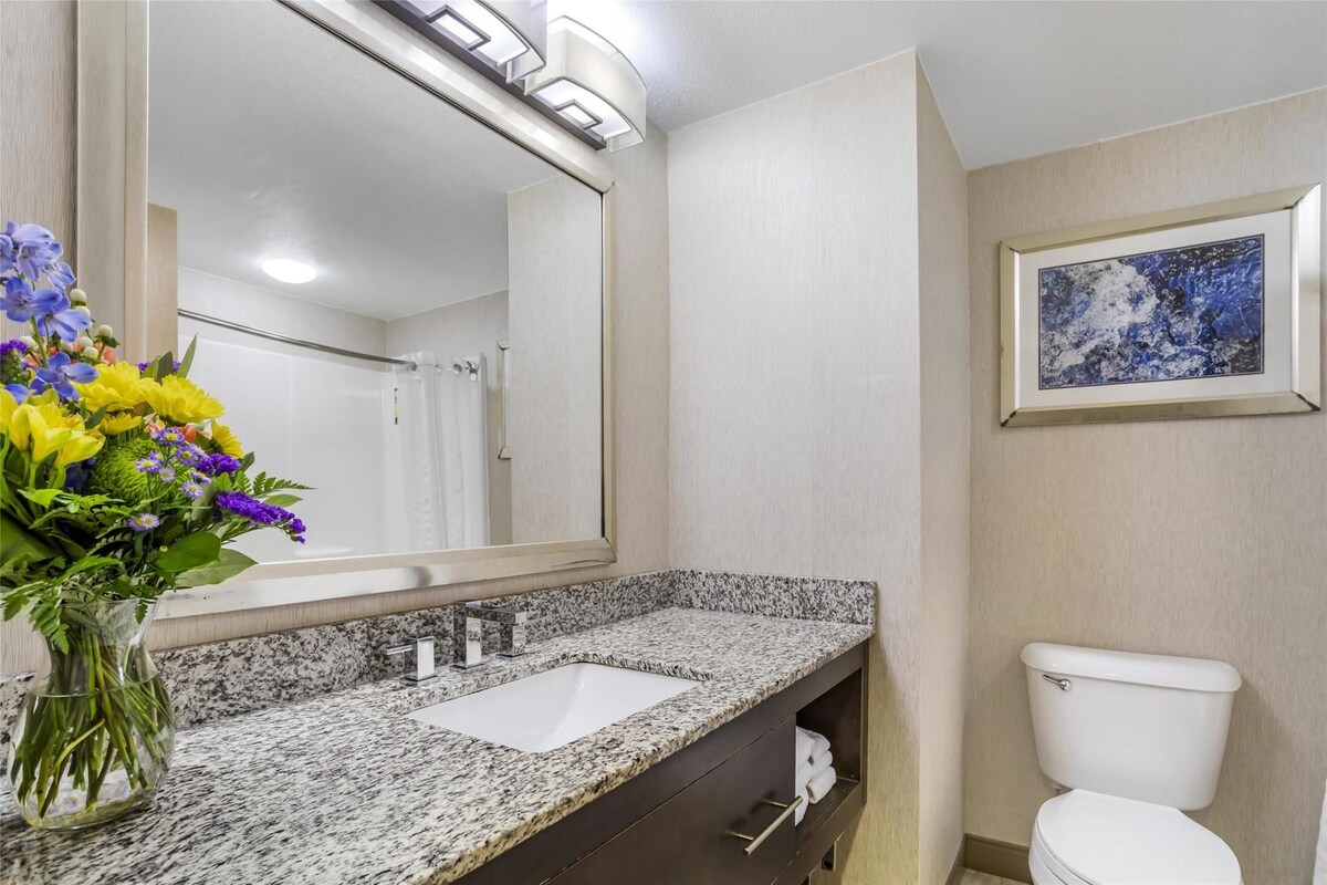 A bathroom with a granite countertop, a white sink, a toilet, a large mirror, and a framed picture on the wall.