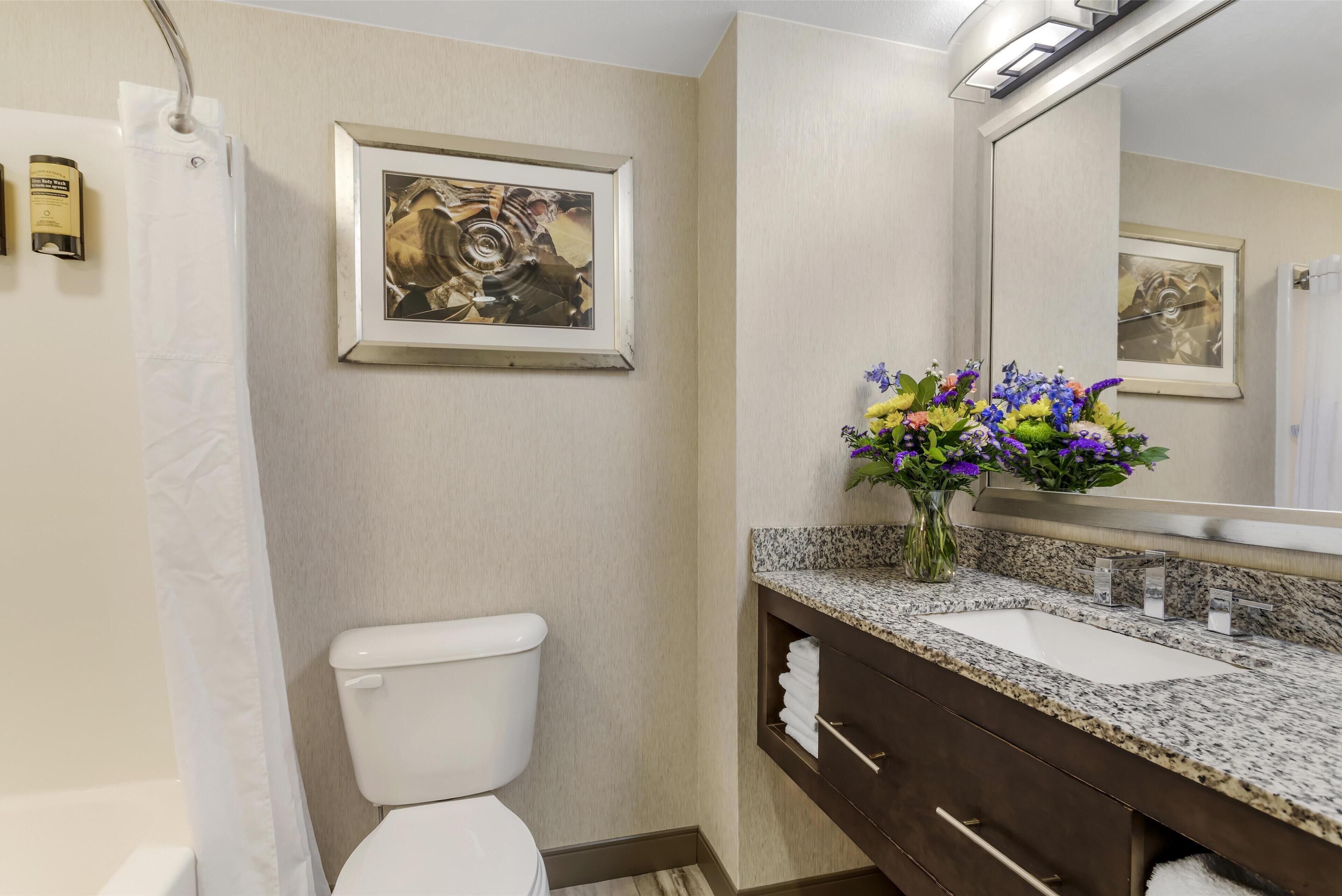 suite, 2 queen beds, non smoking, refrigerator & microwave | bathroom | combined shower/bathtub, free toiletries, hair dryer, towels