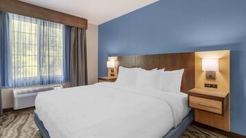 A hotel room with a large bed, two bedside tables with lamps, a window with curtains, and a wall-mounted heater.