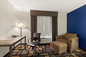 In-room safe, desk, laptop workspace, blackout curtains